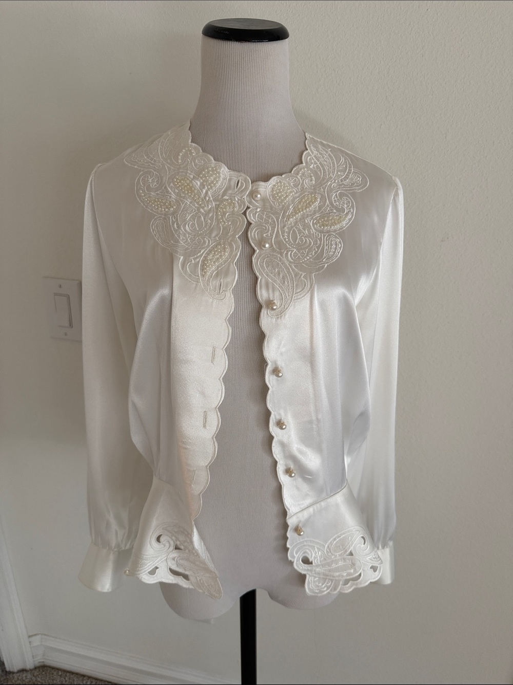 Vintage Cream Satin Blouse with Embroidered Scallop Trim